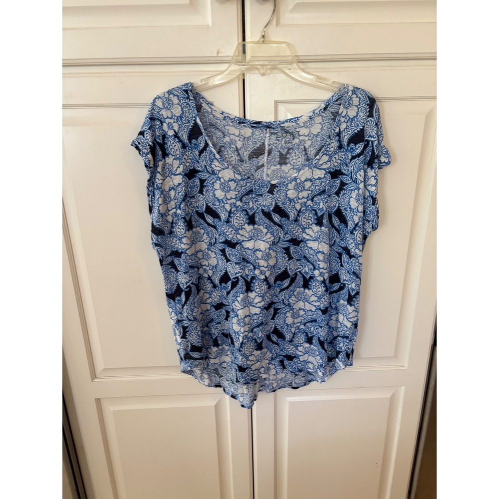 LOFT Linen Blue White Floral Paisley Scoop Neck Cap Sleeve Knit Top Size L